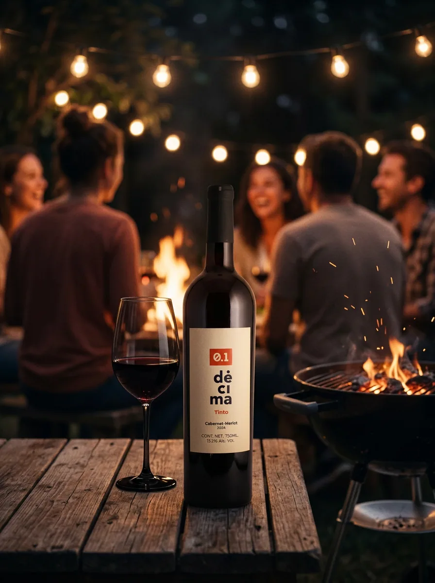 A bottle of DÉCIMA Cabernet Merlot and a glass on a wooden table at a cookout night with friends under string lights