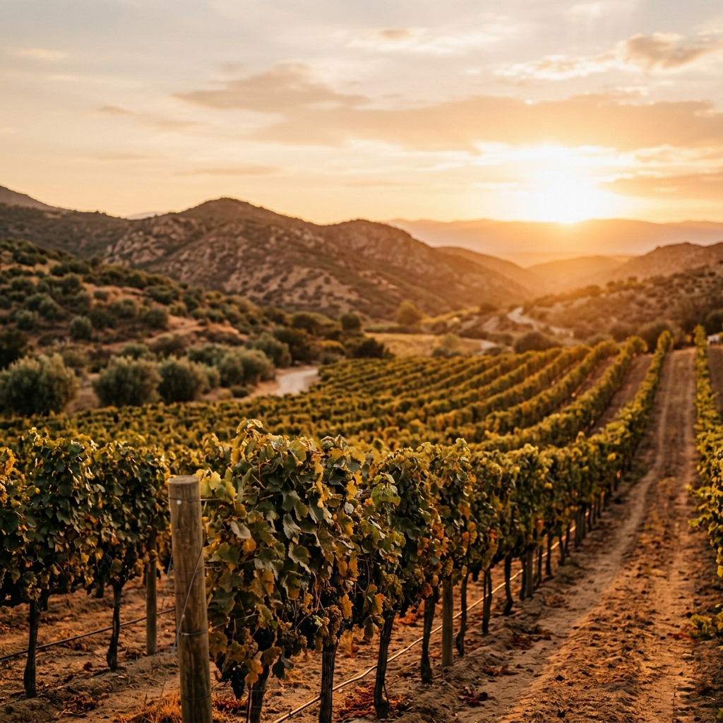 Sunset view over a beautiful vineyard in Valle de Guadalupe, Mexico.